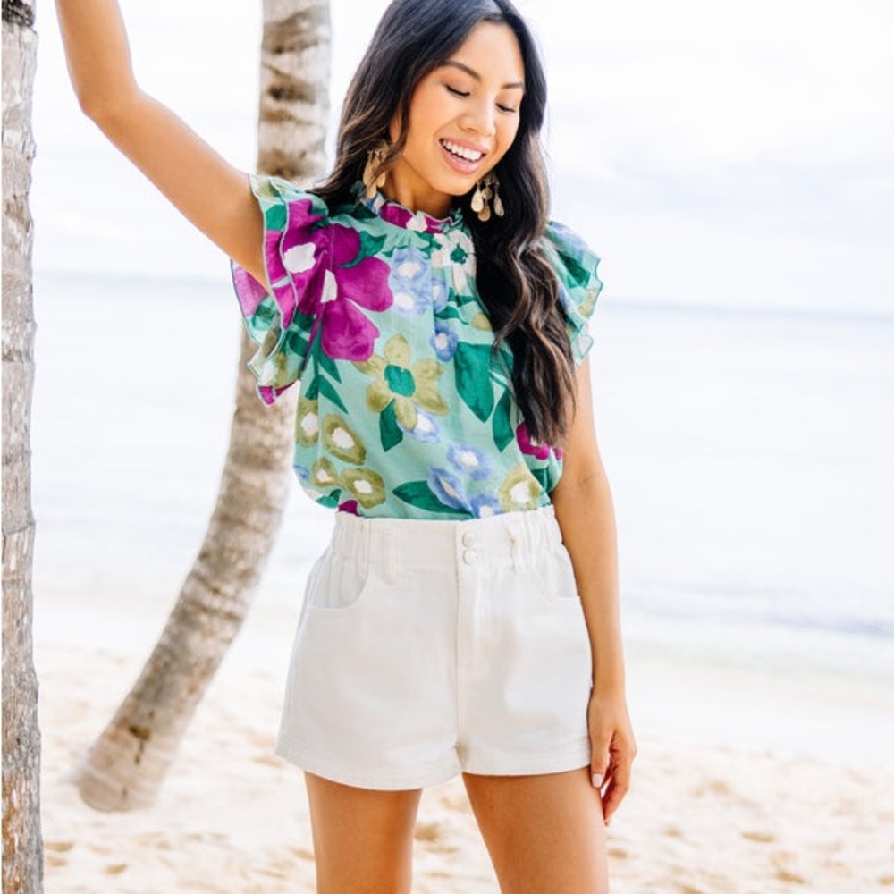 Entro Floral Ruffle Sleeve Blouse - Green and Purple
